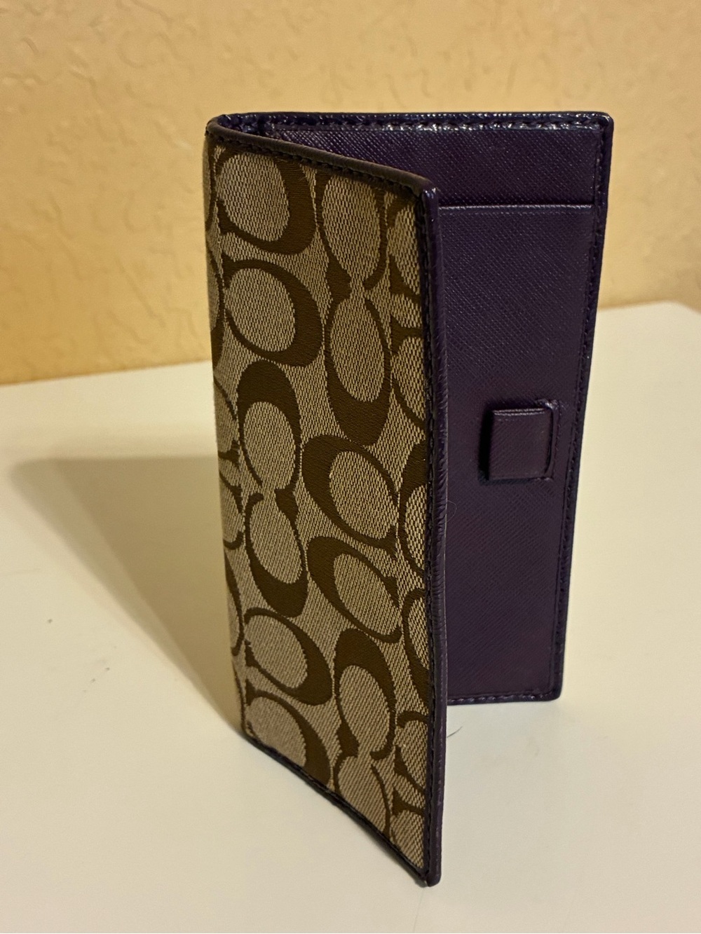 Coach signature monogram canvas & purple leather checkbook Wallet-new Condition